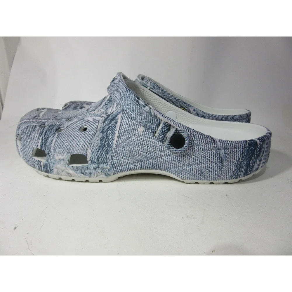Crocs Classic Clog Mens Size 13 Blue Denim Print Distressed Aesthetic Strap